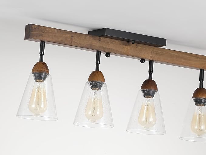 4-Light Large Rustic Farmhouse Wood Flush Mount Ceiling Light Fixture Clear Seeded Glass Shade and Oak Wood Track Semi Flush Mount Ceiling Light for Kitchen Living Room Bedroom Indoor, Black