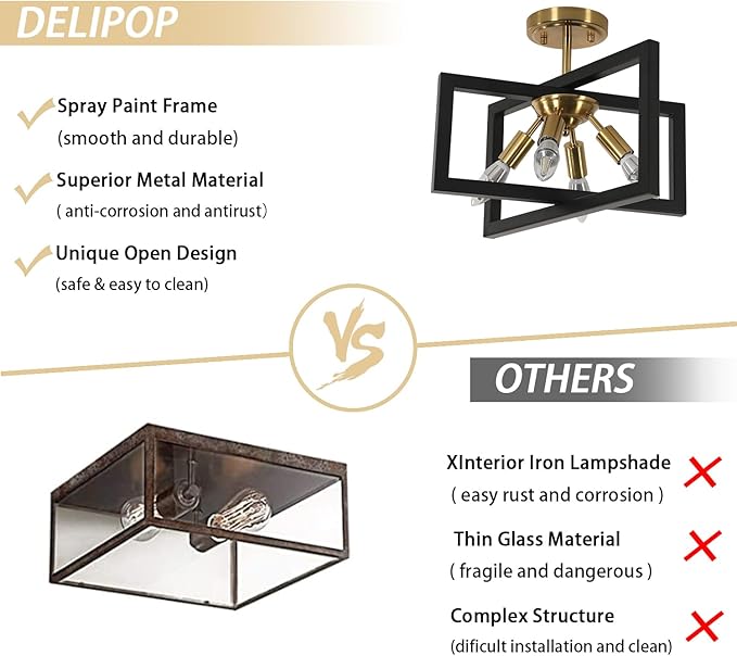 DELIPOP 4-Light Flush Mount Ceiling Light, Farmhouse Gold Square Metal Frame Light Fixtures Ceiling Chandelier for Kitchen, Dining Room, Entryway, Hallway, Island