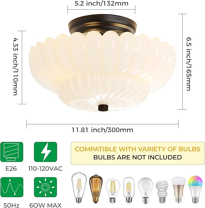Semi Flush Mount Ceiling Light Fixture Vinatge Black Ceiling Lights Mid Century Modern Milk White Glass Close to Ceiling Lighting Fixtures for Bedroom Hallway Foyer Bathroom Kitchen Laundry Room