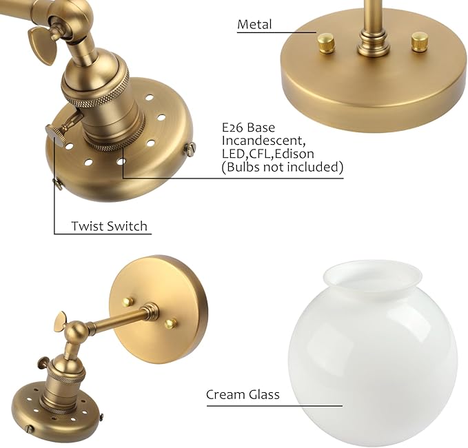Pathson Hardwired Wall Sconce with White Globe, Brass Bathroom Vanity Light with On Off Switch, Vintage Wall Light Fixtures for Living Room Loft Hallway