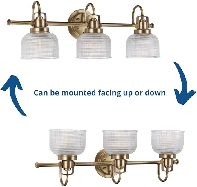Progress Lighting P2992-163 Archie Collection Clear Double Prismatic Glass Coastal Bath Vanity, 3-Light, Vintage Brass