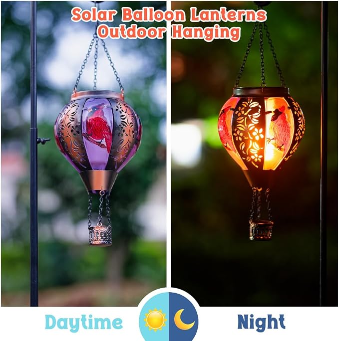 STARSOUL Cardinal Solar Hot Air Balloon Lantern with Flickering Flame, Cardinals Hanging Solar Lantern Outdoor Waterproof, Red Bird Hot Air Balloon Solar Light Decorations for Garden Yard Lawn