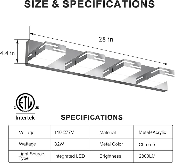 LED Modern Bathroom Vanity Light Fixtures, 4-Light 28-inch Dimmable Chrome Vanity Lights for Bathroom Lighting Fixtures Over Mirror, with 360° Rotatable Heads (Cool White 6000K)