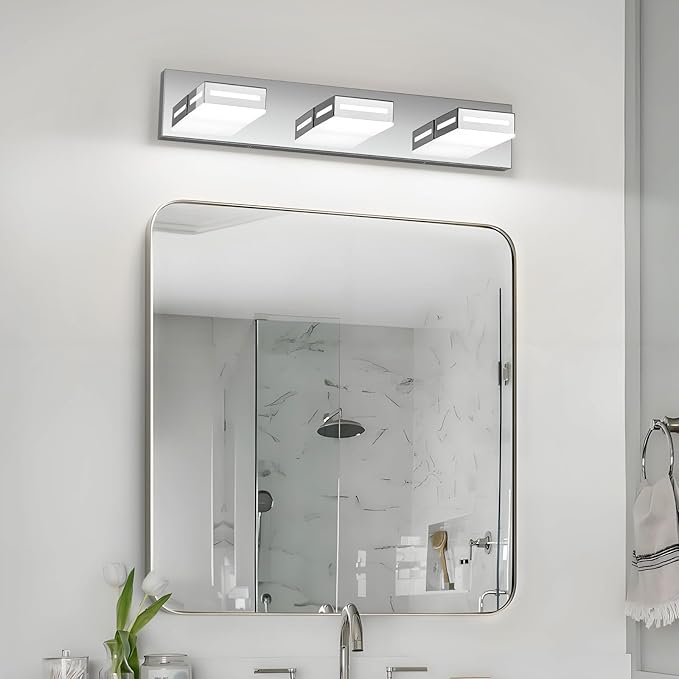 LED Modern Bathroom Light Fixtures, 3-Light 24-Inch Chrome Vanity Lights for Bathroom Lighting Fixtures Over Mirror, 6000K Cool White 350° Rotatable Wall Lamp
