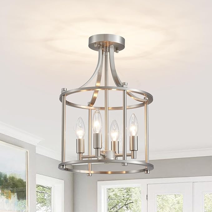 XINGQI Brushed Nickel Semi Flush Mount Ceiling Light Fixture Modern 4 Light Round Small Mini Chandelier Cage Ceiling Lights for Entryway Foyer Hallway 12" Geometric Dining Room Chandelier