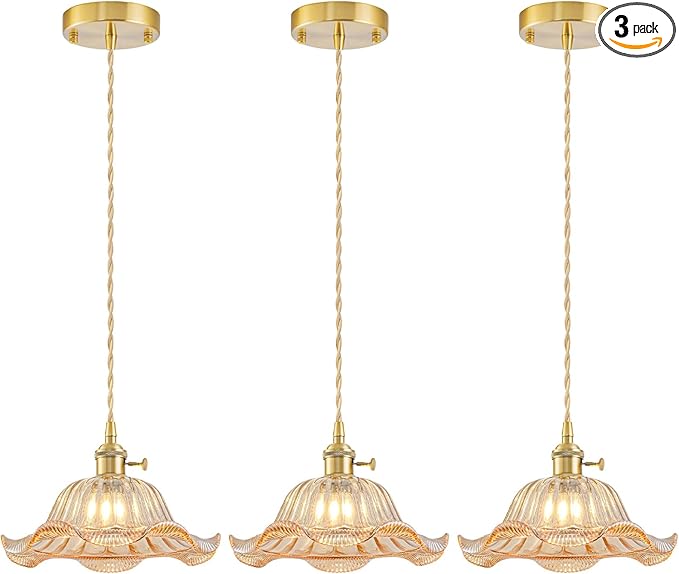 Vintage Pendant Lights Kitchen Island 3 Pack, Adjustable Pendant Light Fixtures with Amber Lily Glass Lampshade, Gold Kitchen Pendant Lighting Over Island, Pendant Light for Dining Room Hallway