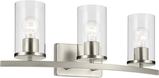 Kichler Crosby 23" 3-Light Bathroom Vanity Light Fixture with Clear Glass in Brushed Nickel for Powder Room and Mirror Lighting, Modern Wall Light (23" x 8.75"), 45497NICLR