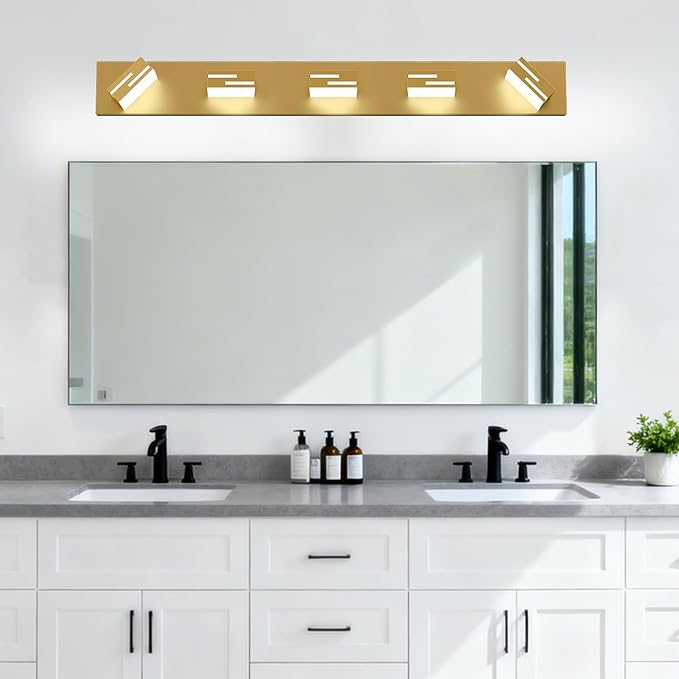 LED Modern Bathroom Vanity Light Fixtures, 5-Light 34-inch Dimmable Gold Vanity Lights for Bathroom Lighting Fixtures Over Mirror, with 360° Rotatable Heads (Cool White 6000K)