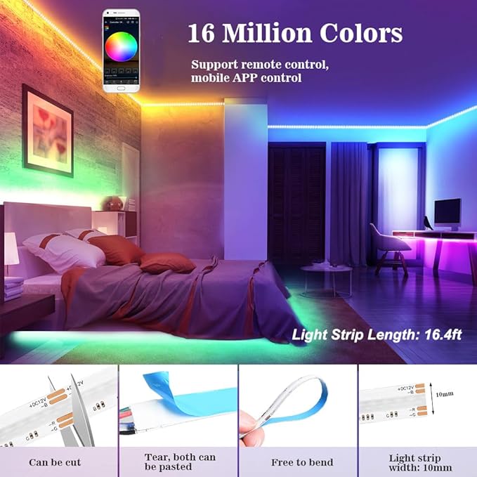 RGB COB Led Strip Light 16.4FT/5M, 576Leds/M, 24V Color Changing Led Strip Lights Dimmable with APP Control, Music Sync, Flexible Led Tape Light for Room Decor