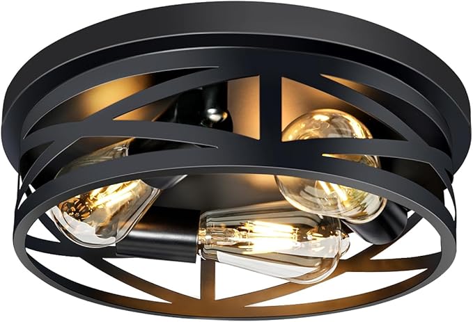 3-Light Flush Mount Ceiling Light Fixture, Farmhouse Ceiling Lights for Kitchen, Modern Black Close to Ceiling Light for Hallway Bedroom Balcony Porch Stairway, E26, (1 Pack)