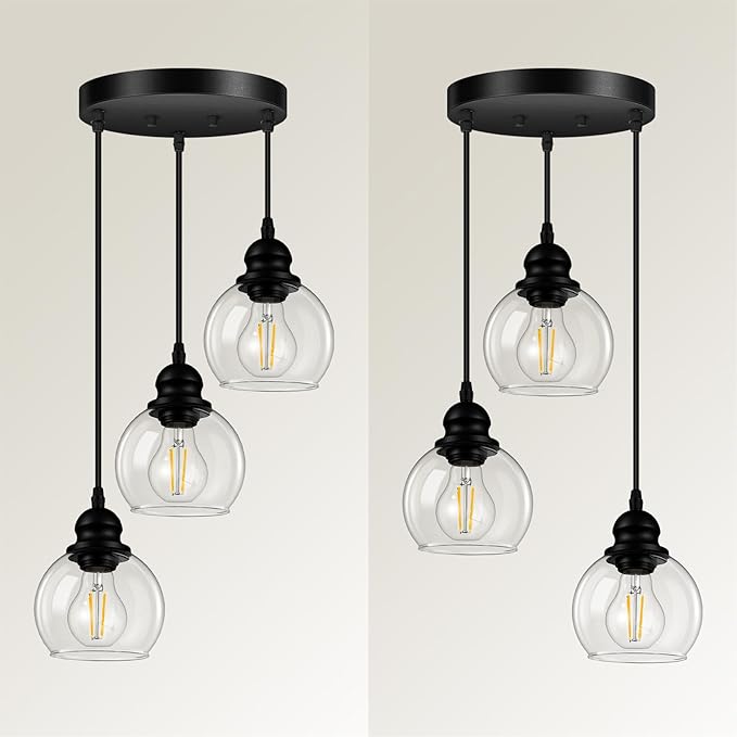 3-Light Pendant Light, Hanging Ceiling Lamp with Clear Glass Shade, Matte Black Pendant Lighting Adjustable Height Industrial Retro Style Hanging Light, for Kitchen Island Bedroom(E26 Base,No Bulb)