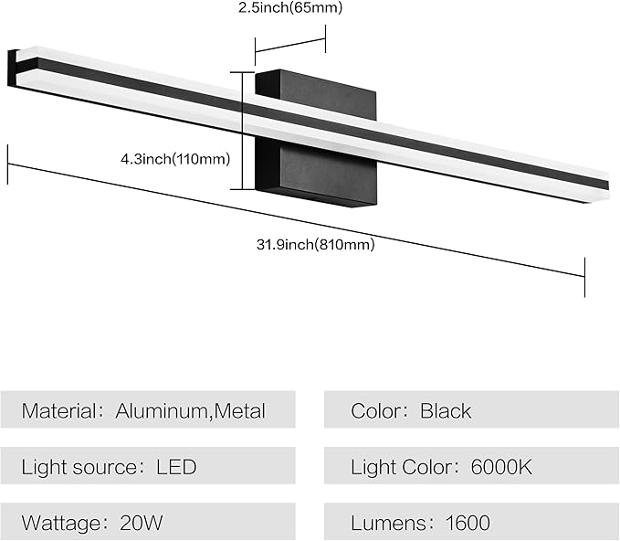 SOLFART Bathroom Vanity Light Matte Black 32 Inch LED Lights for Bathroom 6000K Wall Light Fixtures ND