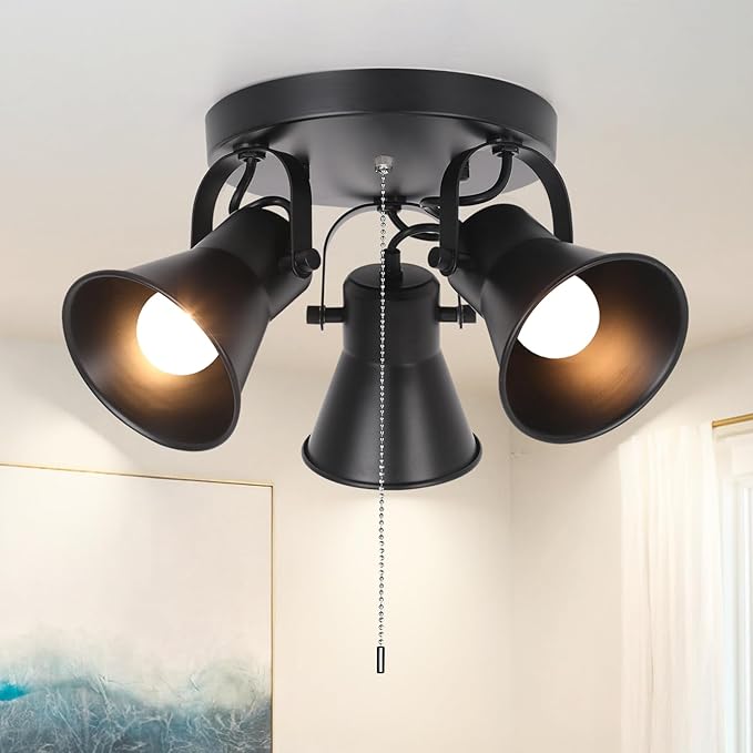 KEESFU Adjustable 3-Light Track Lighting with Pull Chain Switch, Modern Round Ceiling Lamp for Kitchen Hallway Bathroom, Directional Flush Mount Fixture for Dining Room Bedroom Office.