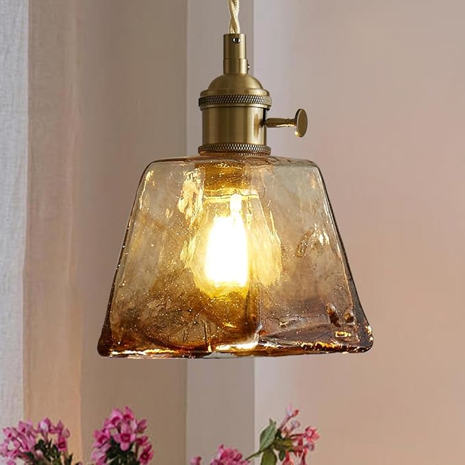 Vintage Pendant Light Fixtures, Amber Glass Lampshade with Switch Indoor Pendant Lighting for Bedside Dining Room Bathroom, Brass