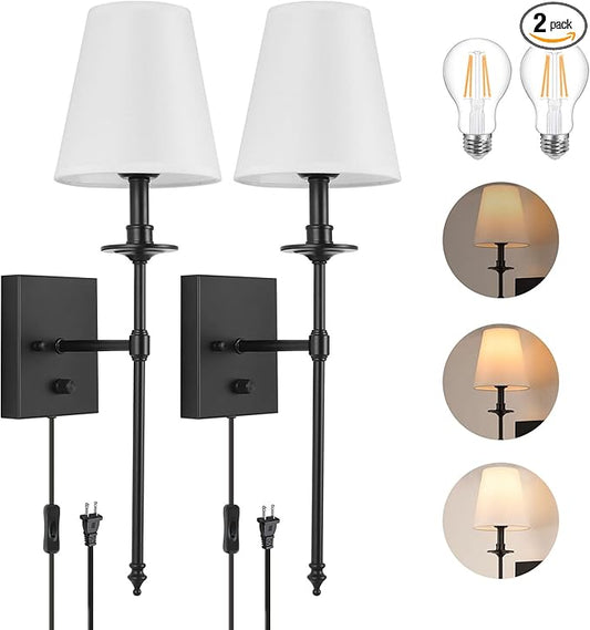 GOODATE Dimmable Wall Sconces Set of Two, Plug in Wall Sconces White Fabric Shade, Wall Lamp for Bedroom, Living Room, Plug in Wall Light Sconces Wall Decor Set of 2, LED Bulbs Included, Black