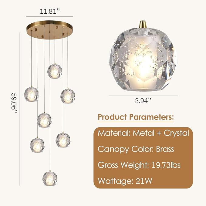 Brass Modern Chandelier, 7 Lights Bubble Crystal Pendant Light, 59" Long Chandelier Bubble Raindrop Chandelier Light Fixture for Entryway Foyer Staircase