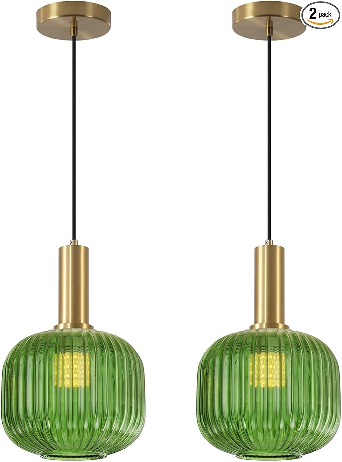 BOKT Mid Century Green Glass Pendant Lights 2-Light Mini Globe Ceiling Pendant Light Ribbed Glass Pendant Light Gold Finish Hanging Light Fixture for Kitchen Island Foyer