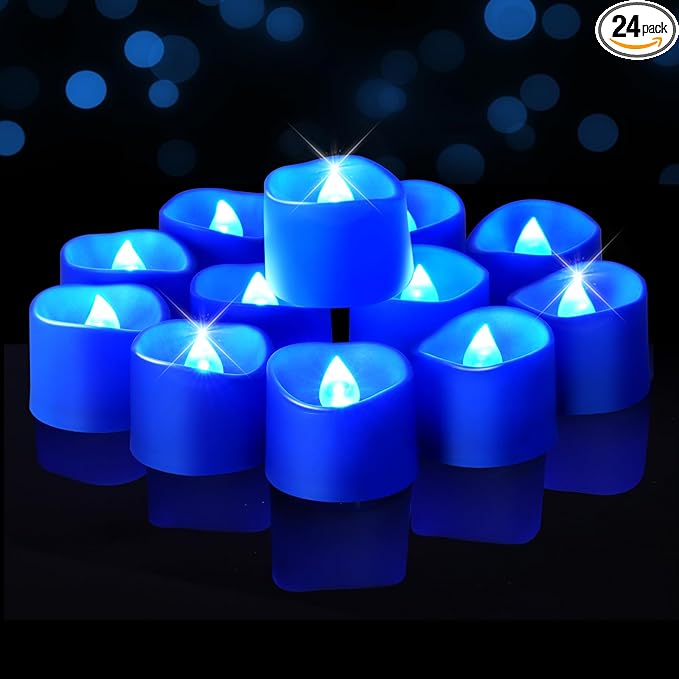 Raycare 24 Pack Blue Battery Operated Tea Lights, 200+Hour Electric Flickering Flameless Candles, Realistic Votive LED Tea Lights for Wedding Party Table Thanksgiving Christmas Decorations