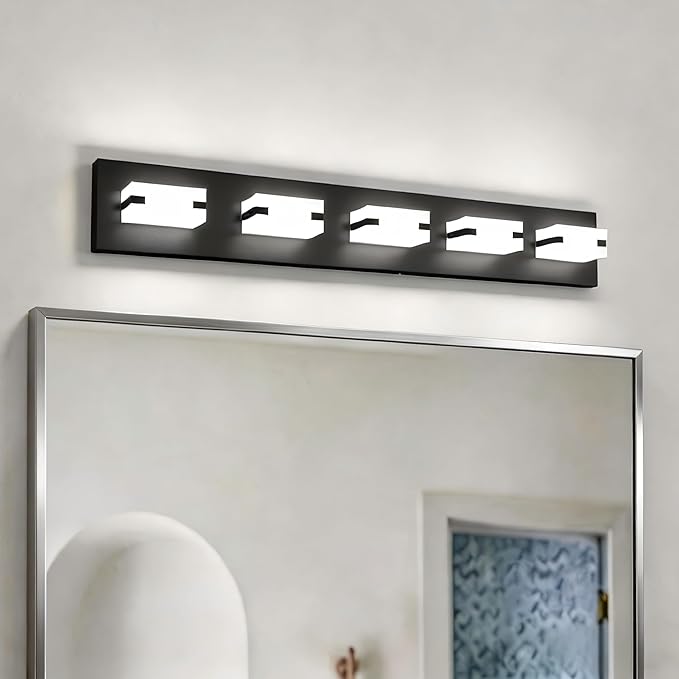 LED Bathroom Light Fixtures, 5-Light Modern Vanity Lights with Milky White Frosted Acrylic Shades, Matte Black Bathroom Lighting fixtures Over Mirror, ETL Listed, 35W (Cool White 5700K)