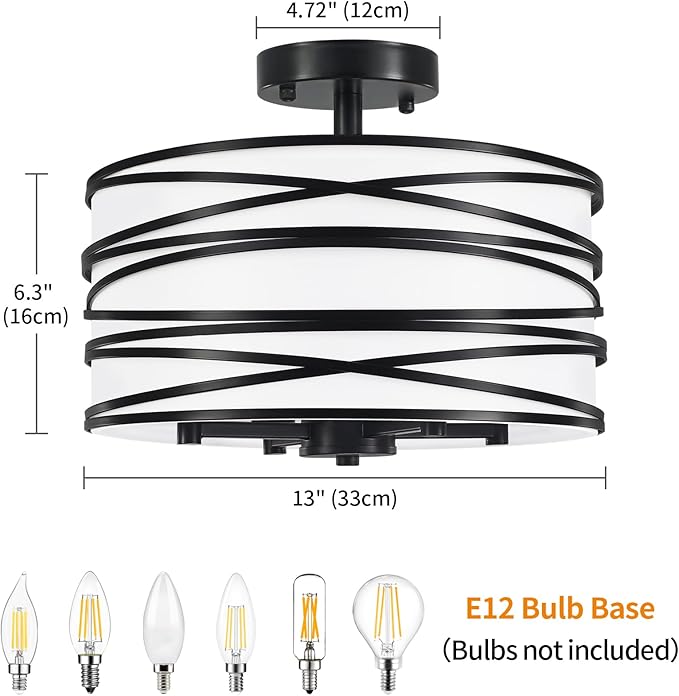 TOULMJ 4-Light Semi Flush Mount Ceiling Light, Black Drum Chandelier with White Fabric Shade, Modern Entryway Light Fixtures for Kitchen Island Laundry Room Hallway Dining Room