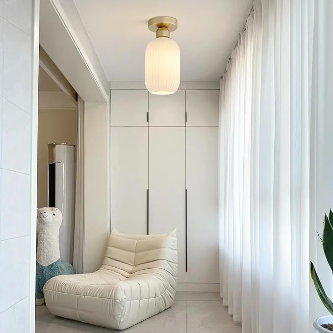 KCO Milk Glass Flush Mount Ceiling Light Mini Ribbed White Glass Mid Century Modern Semi Flush Mount Brass Bathroom Ceiling Light 11.4" x 5.5" x 4.7" Gold & White