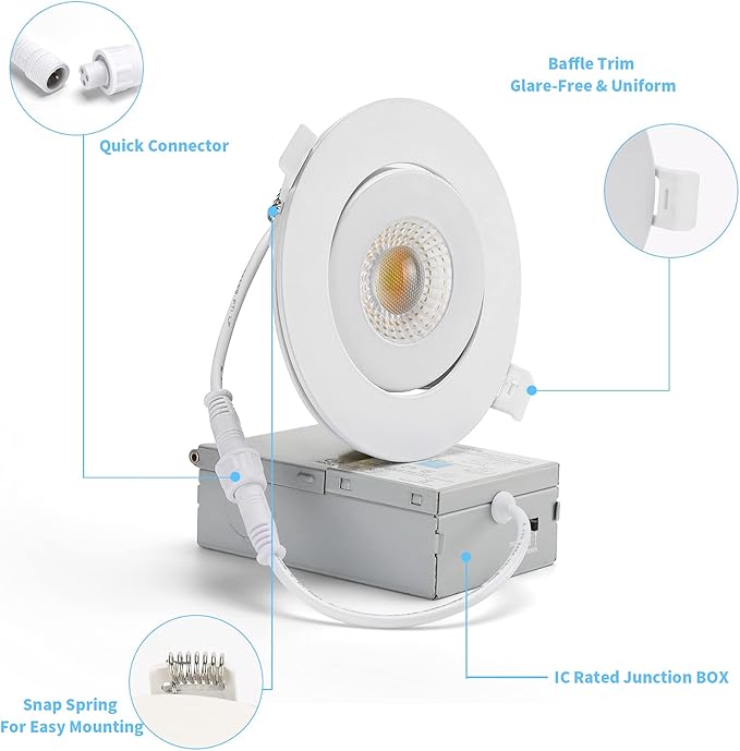 4 Inch Led Recessed lights Ultra-Thin Adjustable Eyeball Gimbal LED Recessed Lighting with Junction Box 9 Watts 750Lm Dimmable ceiling light ETL Listed (2700K/3000K/3500K/4000K/5000K Option 12Pack)