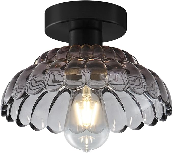ANYLOVE 10 Inch Smoke Gray Vintage Glass Semi Flush Mount Ceiling Light, E26 Socket for Bedroom Kitchen Hallway Foyer