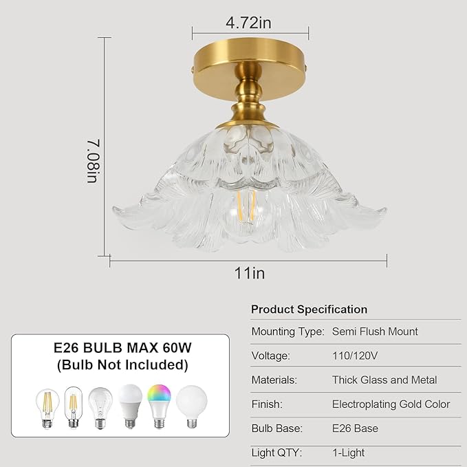 Semi Flush Mount Ceiling Light Fixture, 11in Clear Glass Vintage Light Fixtures Ceiling for Hallway Kitchen Foyer Entryway Bedroom, E26 Base