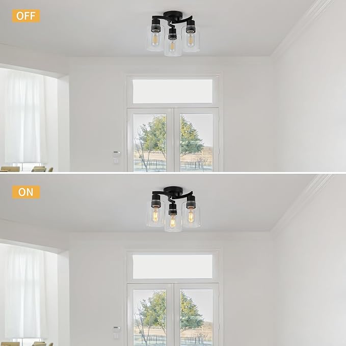 WILON Black Flush Mount Ceiling Light, Farmhouse Kitchen Lighting Fixtures Ceiling Mount, 3-Light Clear Glass Semi Flush Mount Ceiling Light Fixture for Hallway Entryway Foyer Bedroom Laundry Room