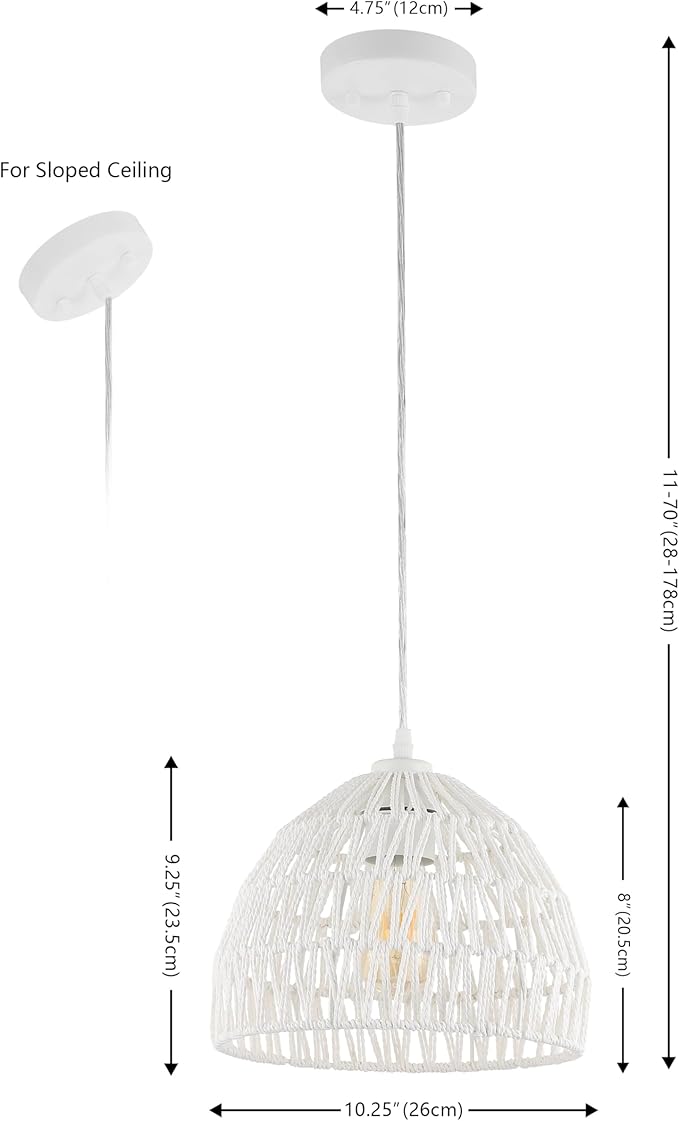 JONATHAN Y 10.25" White Modern Bohemian Woven Rope LED Pendant Light Fixture, Adjustable Dome Ceiling Lamp for Kitchen Island, Rope Shade, Coastal Farmhouse Decor (JYL6513A)