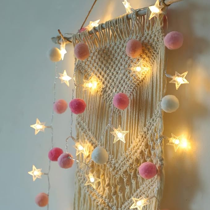 ChiRee Indoor String Lights 6.56 Feet Pom Poms Star Lights 20 LED Battery Operated String Fairy Lights Warm White Star Lights Colorful Decor Lights for Home Bedroom Kids Playhouse Holiday Christmas