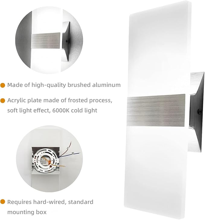 KICAAO Modern Wall Sconces 4 Pack, Led Wall Light 10w, Wall Sconce Up Downlight, Hardwired Acrylic Wall Light Lighting, Suitable for Living Room Corridor Bedside (Cool White 6000K 4Pack)