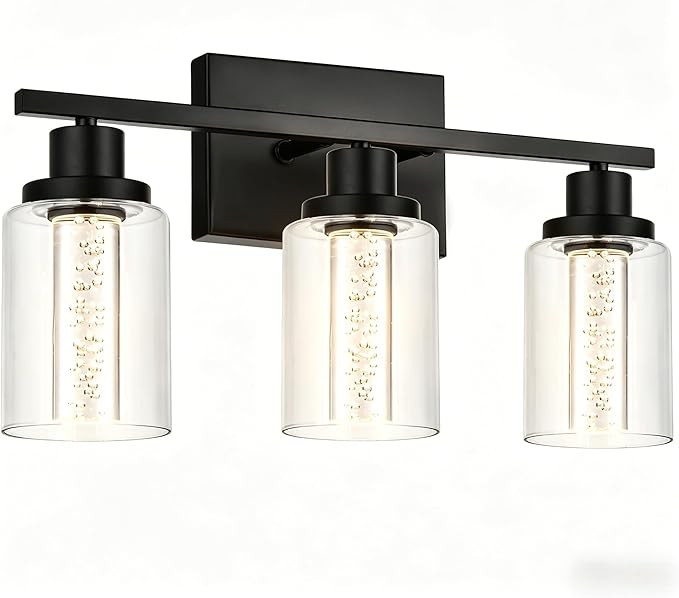 MELUCEE Bathroom Vanity Light Fixtures, 3-Light LED Bathroom Lighting Fixtures Over Mirror, 3000K-6000K Modern Black Vanity Light for Bathroom with Crystal Bubble Glass Shade, Built-in LED Chips