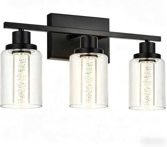 MELUCEE Bathroom Vanity Light Fixtures, 3-Light LED Bathroom Lighting Fixtures Over Mirror, 3000K-6000K Modern Black Vanity Light for Bathroom with Crystal Bubble Glass Shade, Built-in LED Chips