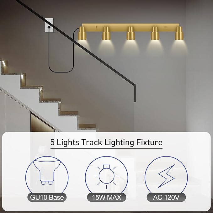 Track Lighting Plug in, 30" LED Track Light Fixtures Ceiling, Gold 5 Way Spotlight, Rotatable Head, Plug Wall Lights with 14.8FT Cord, Ceiling Lighting for Kitchen Hallway Bar(GU10, NO Bulb)
