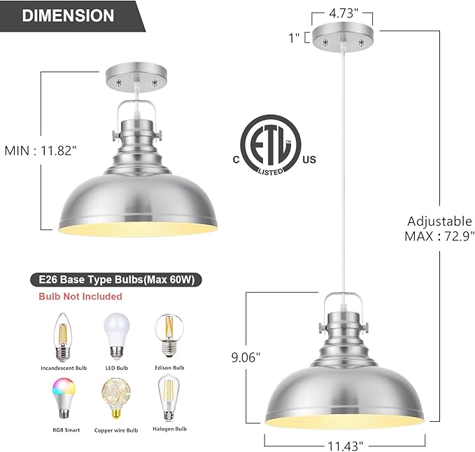 Refice Brushed Nikcel Farmhouse Pendant Lights Industrial Pendant Lighting for Kitchen Island Adjustable Height Dome Hanging Lights for Barn, Dining Room 2 Packs