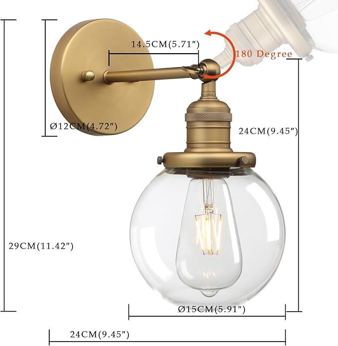 Phansthy 1-Light Wall Sconce, Brass Boho Bathroom Vanity Light, Modern Wall Light with Globe Glass Shade E26 Base, Adjustable Wall Lighting Fixtures for Bedroom, Living Room (Antique, Clear Shade)