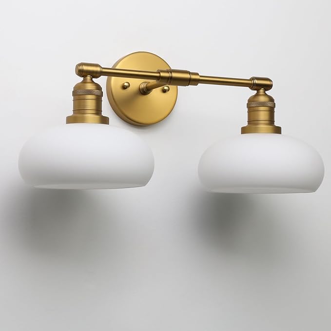 Pathson 2-Lights Milky Glass Wall Sconce, Hardwired Double Head Bathroom Sconces, Vintage Wall Lamps for Vanity Mirror, Living Room, Bedroom, Farmhouse Lighting