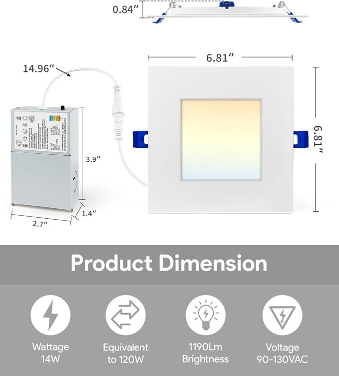 Adetu 6 inch Square Led Recessed Lighting,5CCT Ultra Thin Square Led Ceiling Light with Junction Box, Dimmable 2700K/3000K/3500K/4000K/5000K,14W 1190LM,ETL and Energy Star Certified