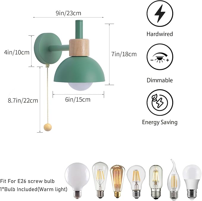 Pull Chain Wall Lights for Bedroom Modern Bathroom Wall Sconce Light with Switch E26 Socket Bedside Wall Lamps for Living Room Vintage Wall Light Fixtures for Hallway Porch Vanity Green