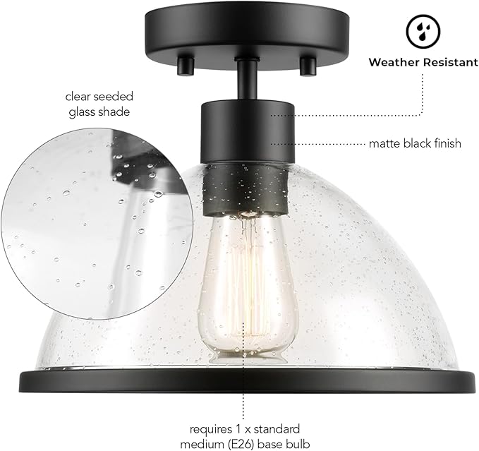 Globe Electric 60000121 1-Light Outdoor Flush Mount Ceiling Light, Matte Black, Seeded Glass Shade, Weather Resistant, Indoor