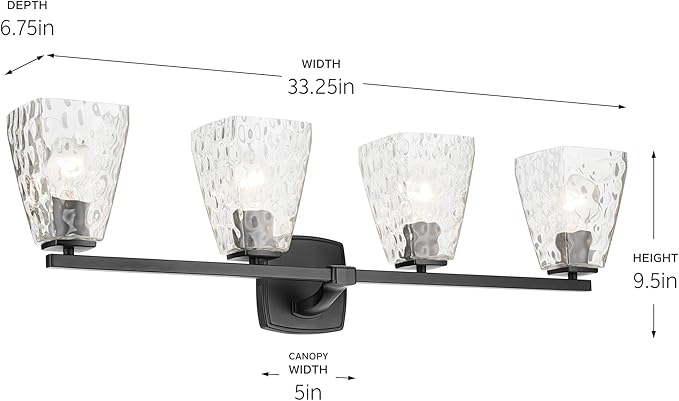 Kichler Marant 4-Light Bathroom Vanity Light Fixture with Clear Water Glass in Black, Modern Wall Mount Over Mirror Lighting for Powder Room (33.25" x 9.5" x 6.75"), 55217BKWTR