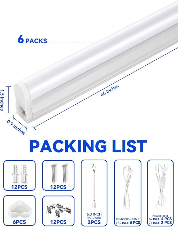 (6 Pack) 4FT T5 PRO LED Shop Lights, 2800LM 6500K Bright White LED Integrated Fixture, 20W Linkable Garage Light, Ceiling and Cabinet Light with ON/Off Switch, Workshop, Basement