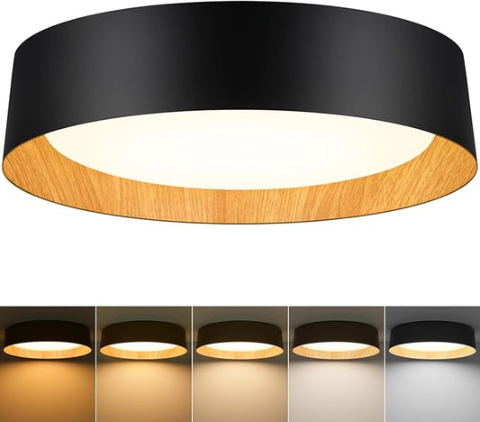BrightHome 16in Flush Mount Ceiling Light, 3000LM 30W(300W Equiv), LED Ceiling Light Fixture 5CCT 2700K 3000K 4000K 5000K 6000K, Dimmable Ceiling Lamp for Bedroom Bathroom Hallway, Black and Wood