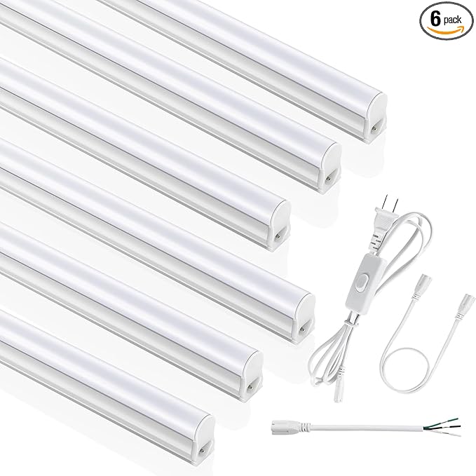 (6 Pack) 4FT T5 LED Integrated Fixture, 6500K,20W,2300LM(Super Bright White) Linkable LED Shop Light,Garage Ceiling and Cabinet Light,Strip Light,Corded Electric with ON/Off Switch