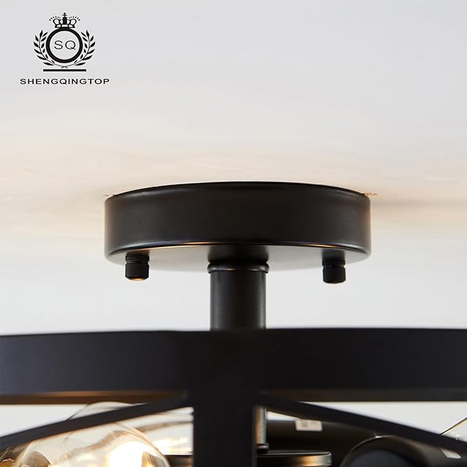 Rustic Industrial 3-Light Semi-Flush Mount Ceiling Light 13" Matte Black Round Lighting Fixtures for Kitchen Island Dining Room Bedroom Farmhouse Foyer Hallway Front Door
