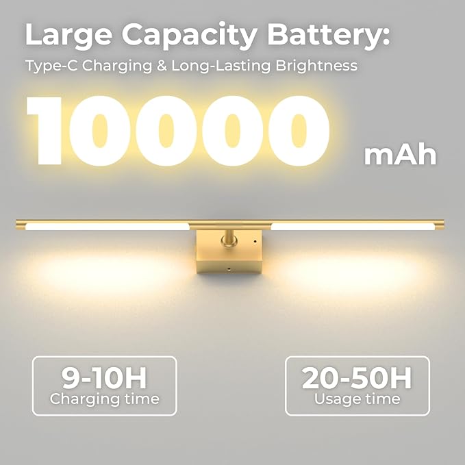 Battery Operated Wall Sconce Set of Two - 10000mAh Cordless Rechargeable Wall Sconces with Remote & Touch Control, 360°Rotate, 4CCT Dimmable Gold Wall Lights for Bedroom Living Room, 31.5 inch