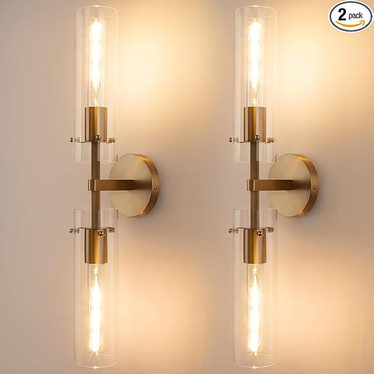 Brass Gold 2-Light Knurled Wall Sconce, Dual-Head Vanity Lamp Set of Two with Clear Glass Tube, Bathroom Wall Sconces, Wall Lights for Living Room Bedroom Hallway Kitchen Bathroom Mirror