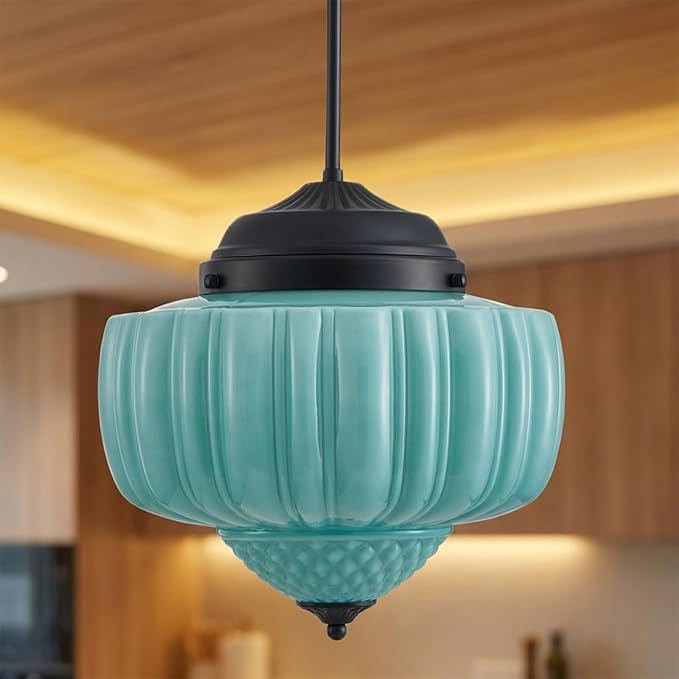 13.8" Milk Glass Ceiling Light Fixture 3 Lights Vintage Chandelier Schoolhouse Pendant Light with Mint Green Glass Shade, Mid Century Lighting Fixture for Kitchen Island Dining Room