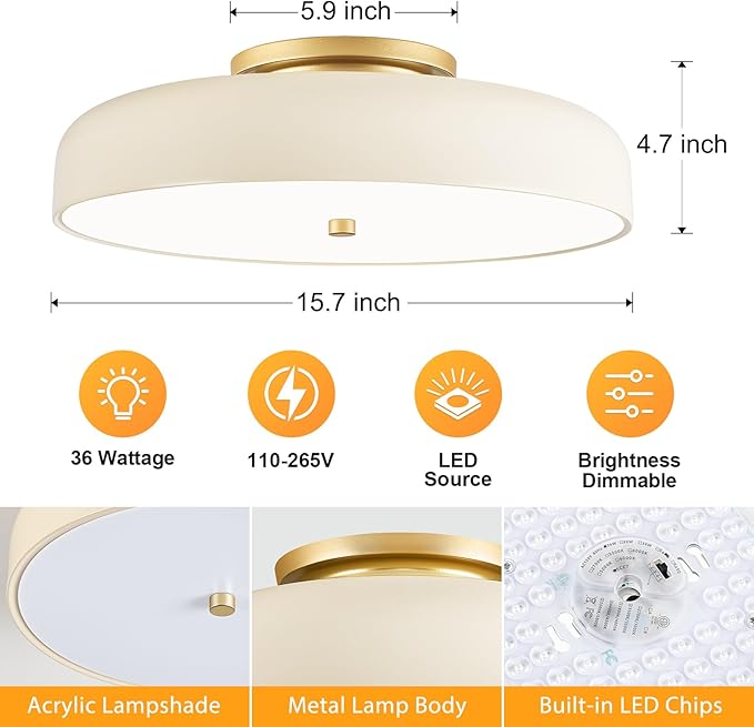 Dimmable LED Ceiling Light Fixture, 2700K-6000K 5CCT Modern Mid-Century Semi Flush Mount Ceiling Light, Cream White Close to Ceiling Lamp for Bedroom, Living Room, Kitchen, 15.7in